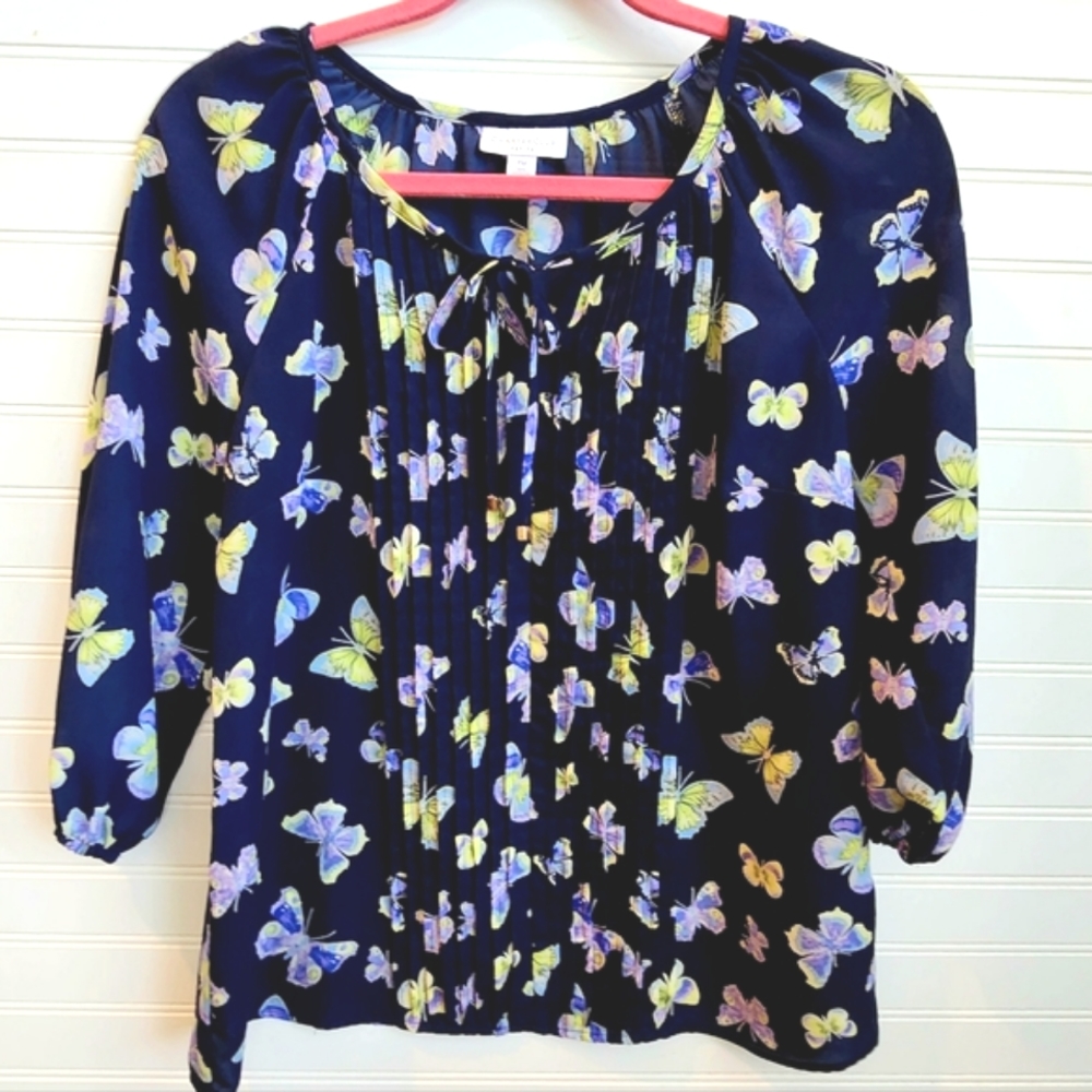 LN! Charter Club Petites Butterfly Blouse Pleats Pintuck Front Tie